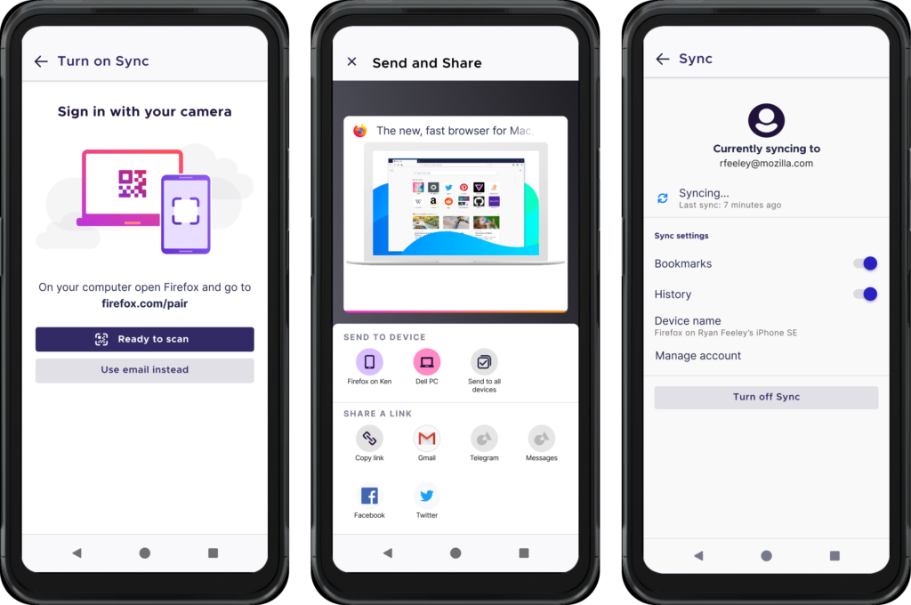 A sample of the designs provided showing pairing, send tab, and actively syncing