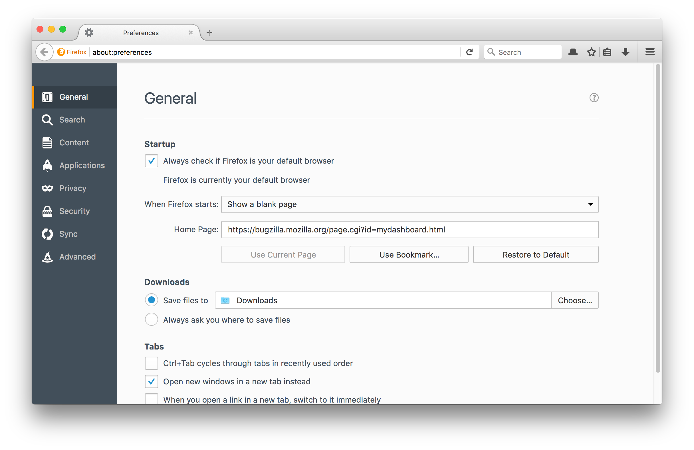 Firefox preferences section before the redesign