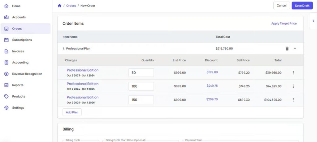 Subskribe's order form before